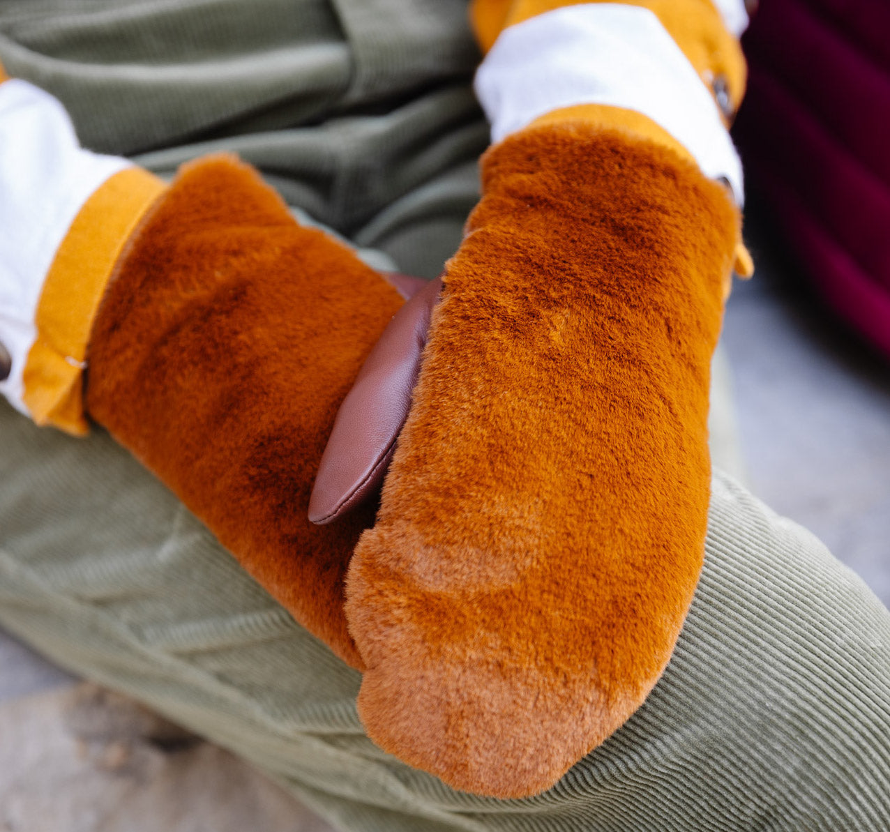 Cognac Brown Leather + Faux Fur Driving Mittens