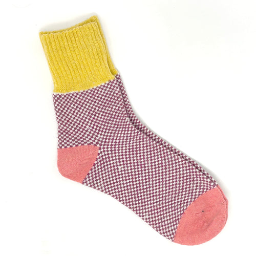 Yellow, Maroon, & Light Pink Color Block Wool Socks