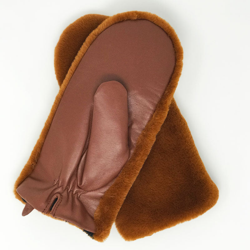 Cognac Brown Leather + Faux Fur Driving Mittens